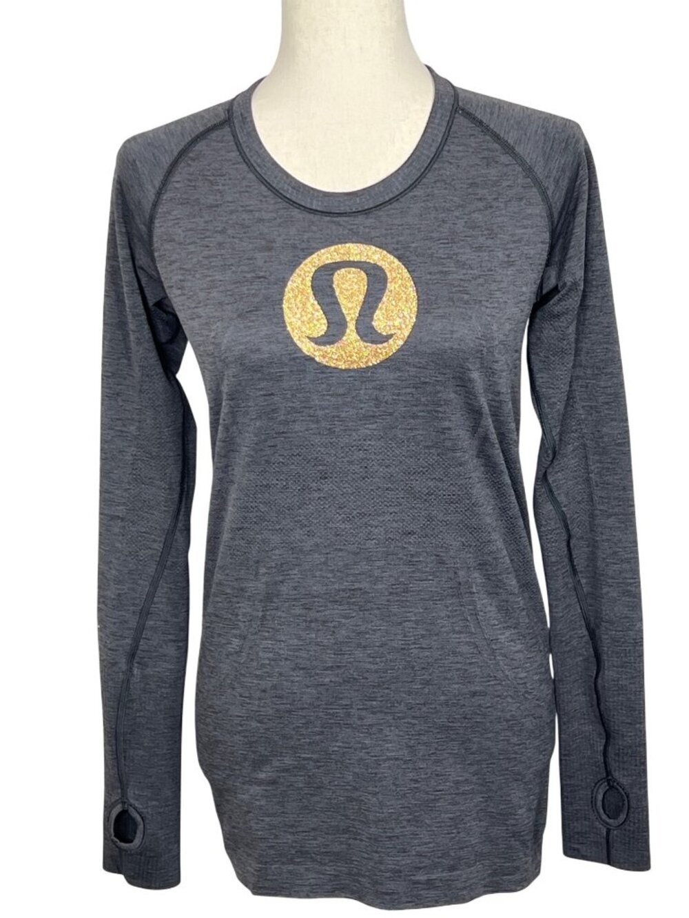Lululemon Swiftly Tech Long Sleeve Top Gray with Gold Glitter Logo Sz 8 EUC